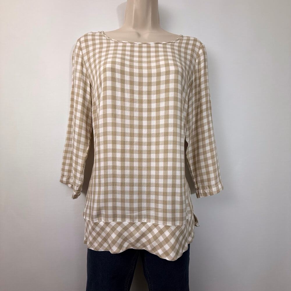 J.Jill tan and white gingham plaid long sleeve popover top